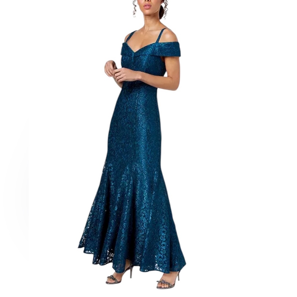 NEW R & M Richards Off-The-Shoulder Lace Mermaid Gown in Peacock Size 14